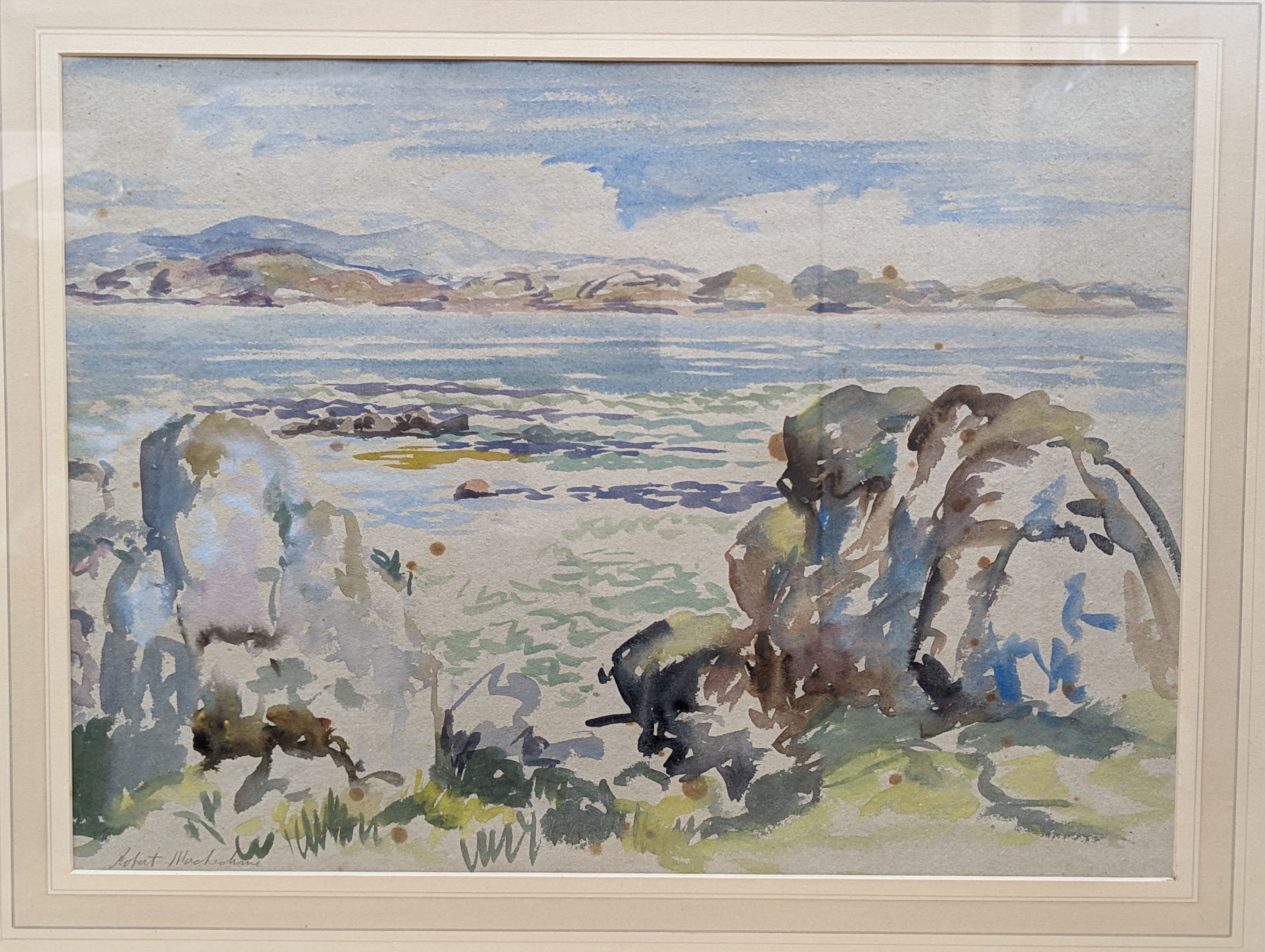Robert Mackechnie, R.B.A. (1894-1975), two watercolours, 'In the Mountains' and 'Shore scene, Iona', signed with labels verso, 33 x 45cm